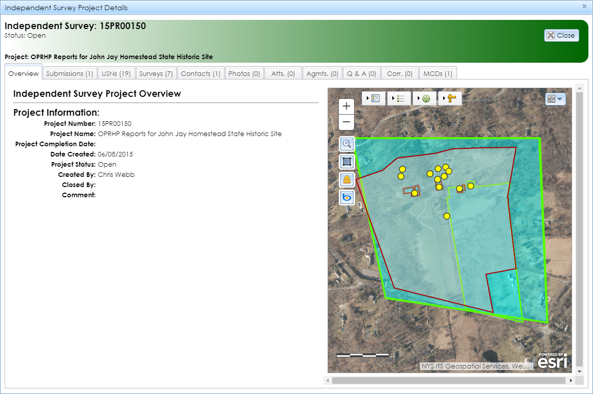 The Independent Survey Project Details module contains tabs with information about the project’s attributes and a map interface that shows the project’s location.