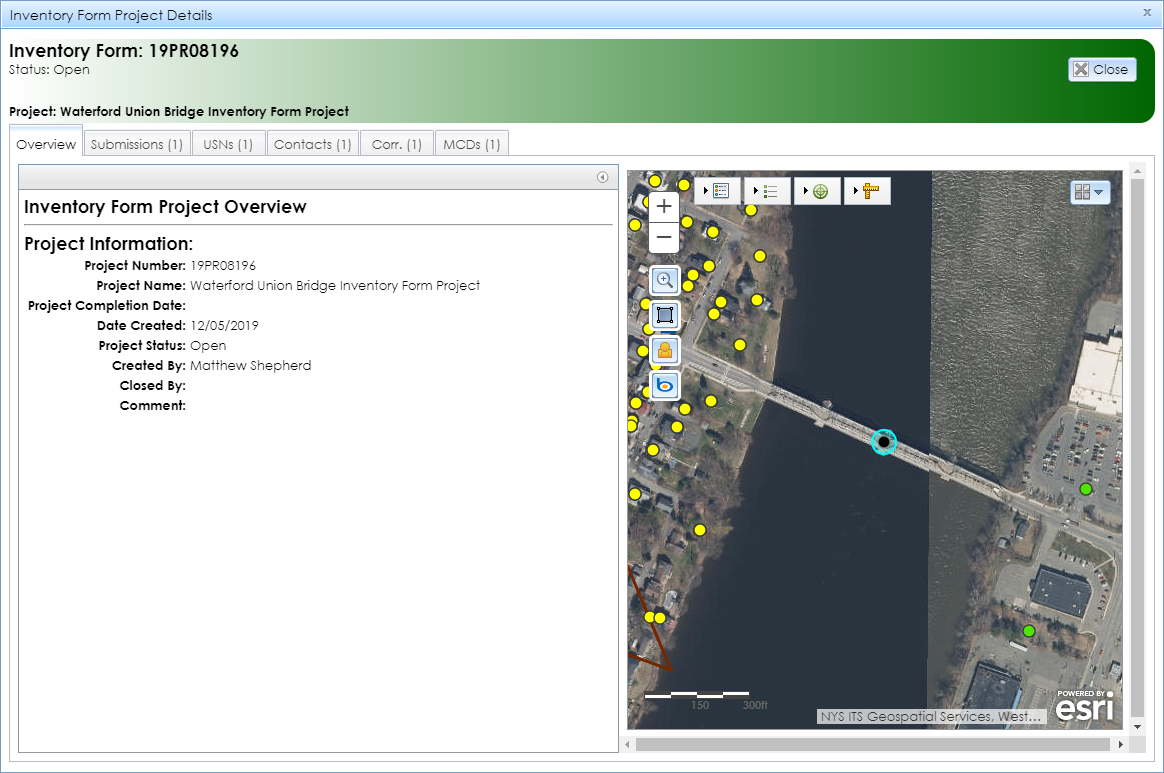 The Inventory Form Project Details module contains tabs with information about the project’s attributes and an expandable map interface that shows the project’s location.