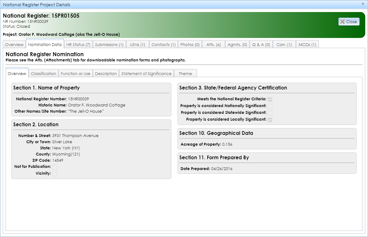 The Nomination Data tab in the National Register Project Details module contains tabs with data based on the nomination form.