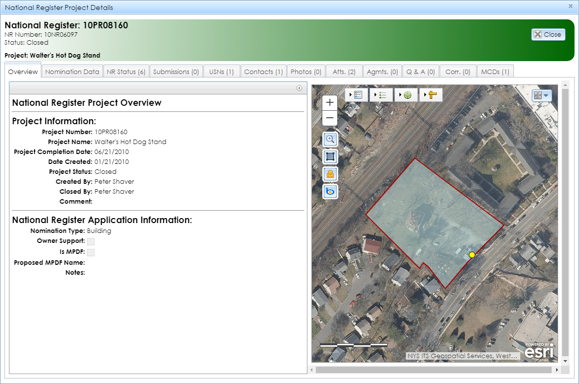 The National Register Project Details module contains tabs with information about the project’s attributes and an expandable map interface that shows the project’s location.