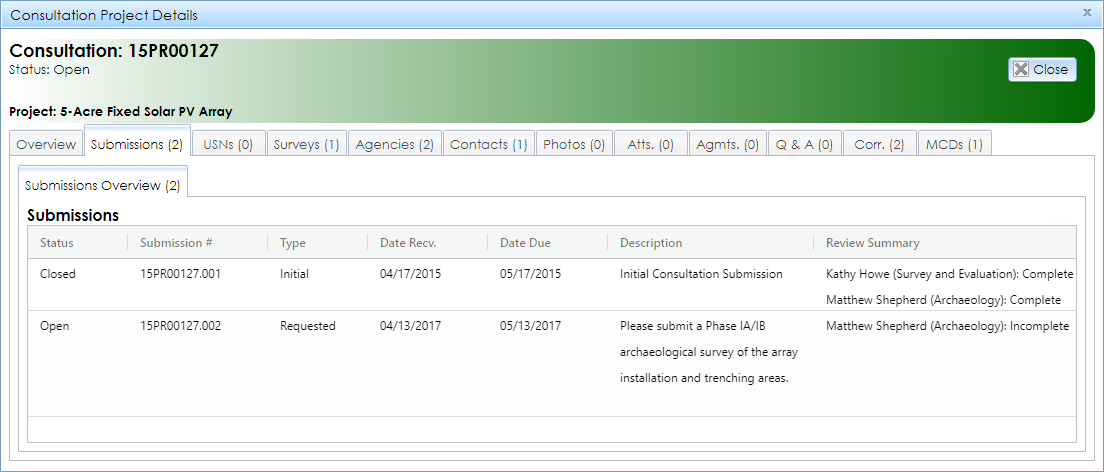 The Submissions tab in the Project Details module contains a table of submissions in the project, along with each submission’s general attributes.