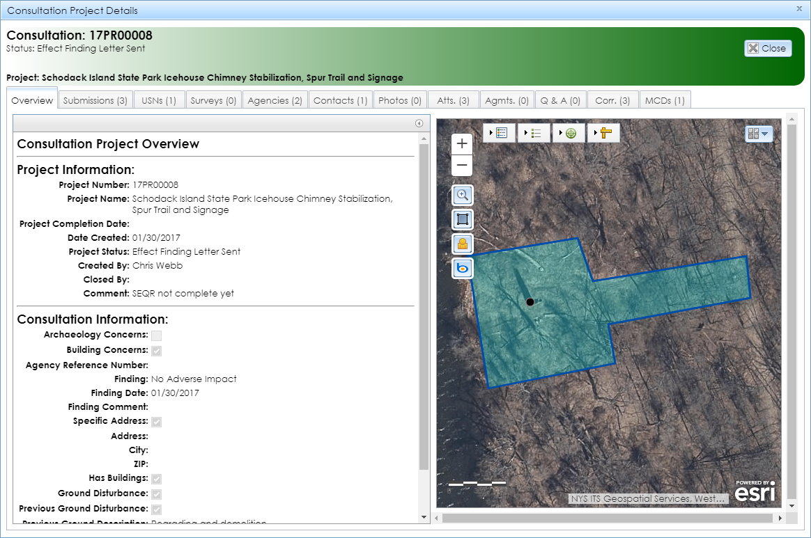 A view of the Consultation Project Details module to illustrate the Project Details module format. The module contains tabs with information about the project’s attributes and an expandable map interface that shows the project’s location.