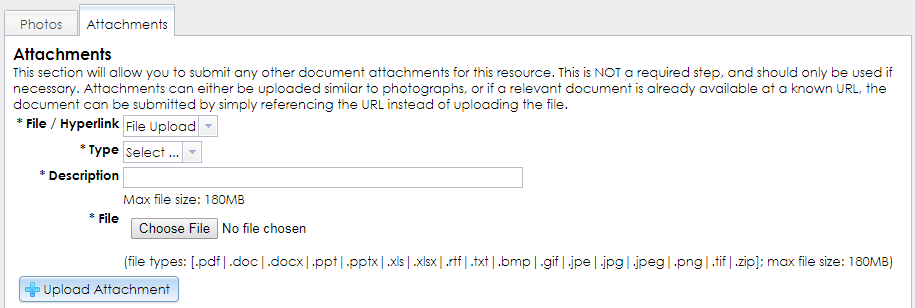 The Attachments tab in the District Photos step of the District Resource Wizard has dropdown selectors, a text field, and buttons for selecting and uploading attachments.