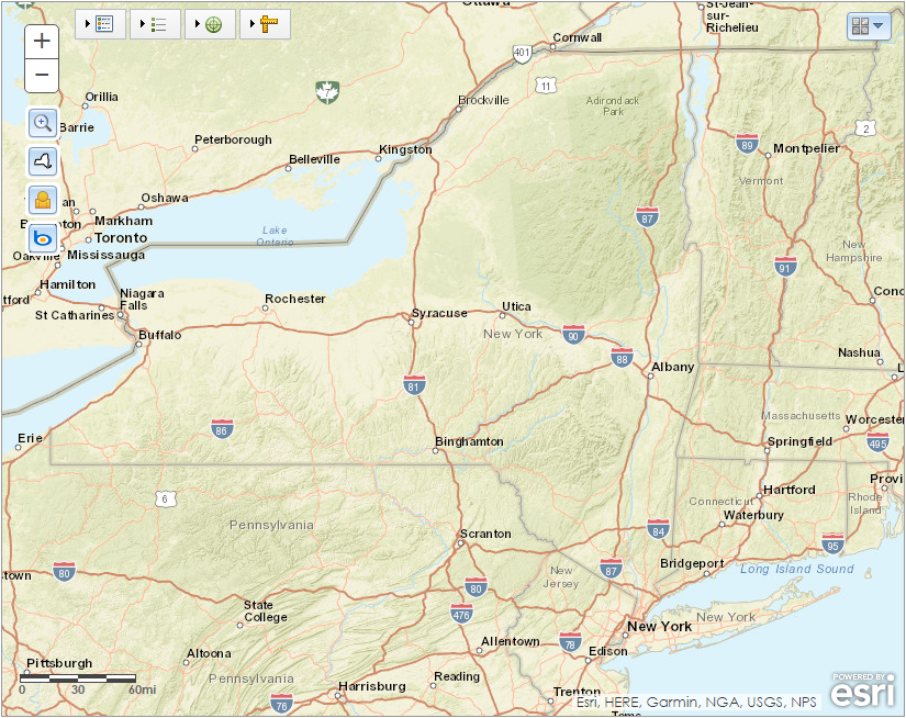 An example view of the CRIS map interface. Various tools and controls are in the upper left and upper right corners.