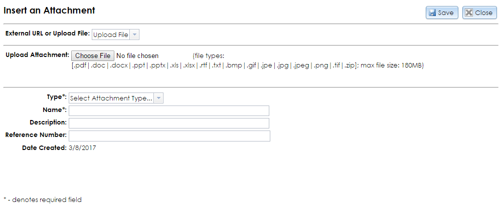 The Insert an Attachment module has dropdown selectors, a text field, and buttons for selecting and uploading attachments.