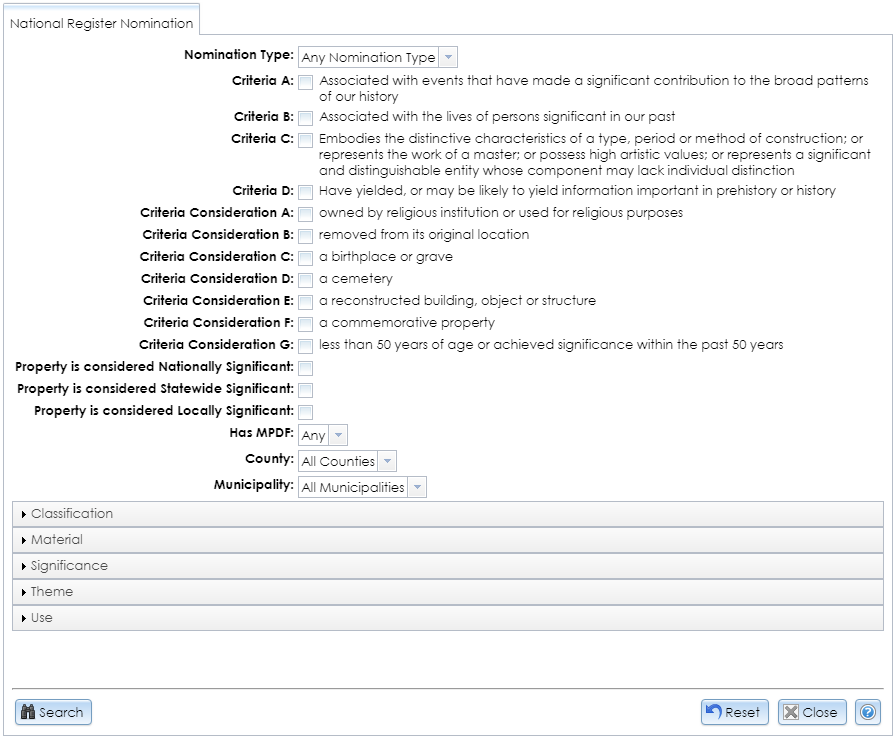 The Advanced National Register Search module contains dropdown selectors, text fields, and pick lists for entering criteria to search for National Register Nominations in CRIS.