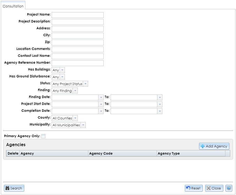 The Advanced Consultation Project Search module contains dropdown selectors, text fields, and pick lists for entering criteria to search for consultation projects in CRIS.