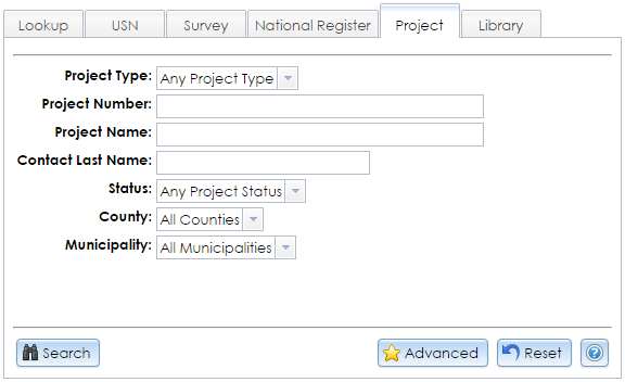 The Project tab under the Criteria tab on the Search page contains dropdown selectors and text fields for entering criteria to search for consultation, National Register, tax credit, eligibility evaluation, and independent survey projects in CRIS.