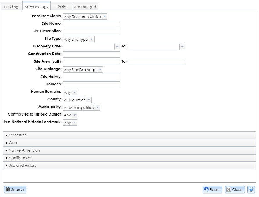 The Archaeology tab in the Advanced USN Search module contains dropdown selectors, text fields, and pick lists for entering criteria to search for archaeological sites in CRIS.