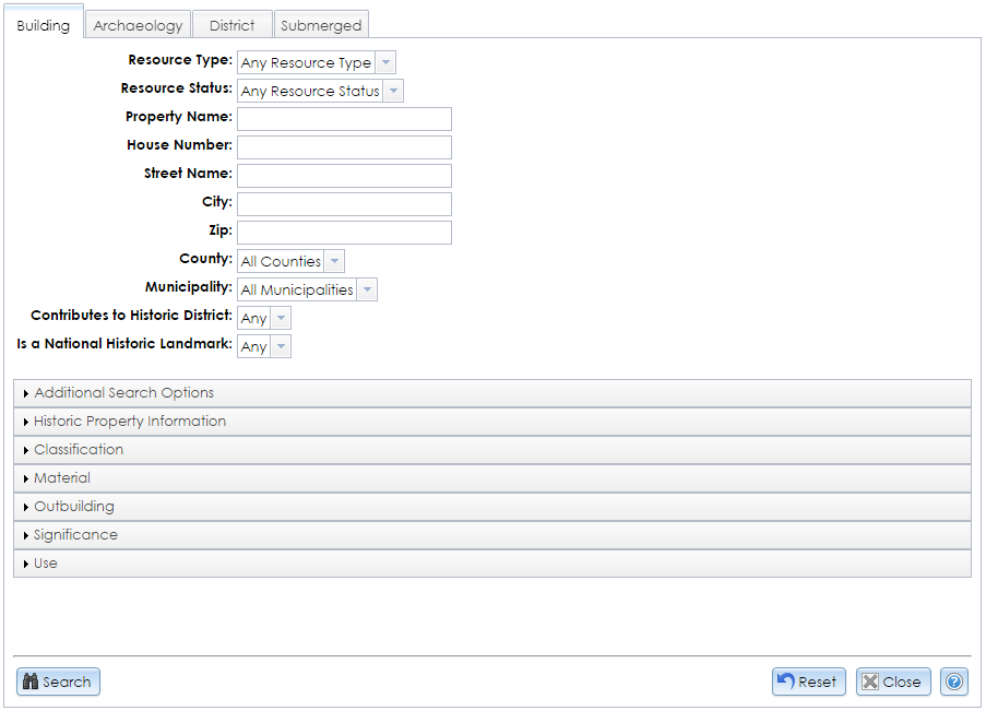 The Building tab in the Advanced USN Search module contains dropdown selectors, text fields, and pick lists for entering criteria to search for buildings, structures, objects, and above-ground sites in CRIS.