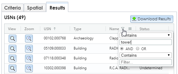 When you click a column header in a results table, you can sort, filter, or move the column.