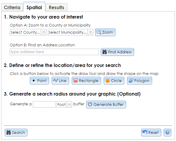 The Spatial tab on the Search Page contains dropdown selectors, text fields, and drawing tools for creating search areas in which to search for various records that are represented on the CRIS map interface.