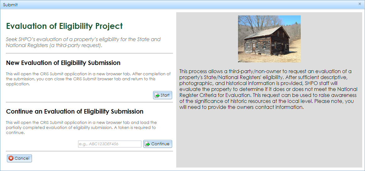 The Evaluation of Eligibility Project Submit window, showing the menu on the left and the project type description on the right.