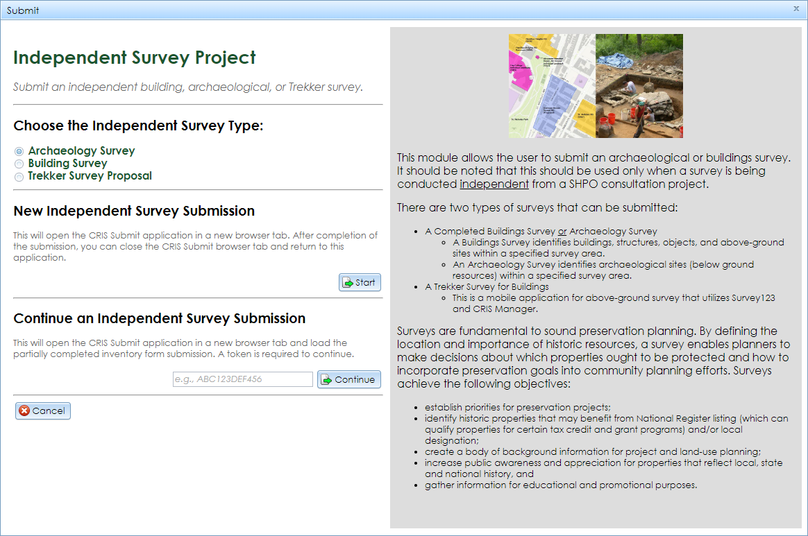 The Independent Survey Project Submit window, showing the menu on the left and the project type description on the right.