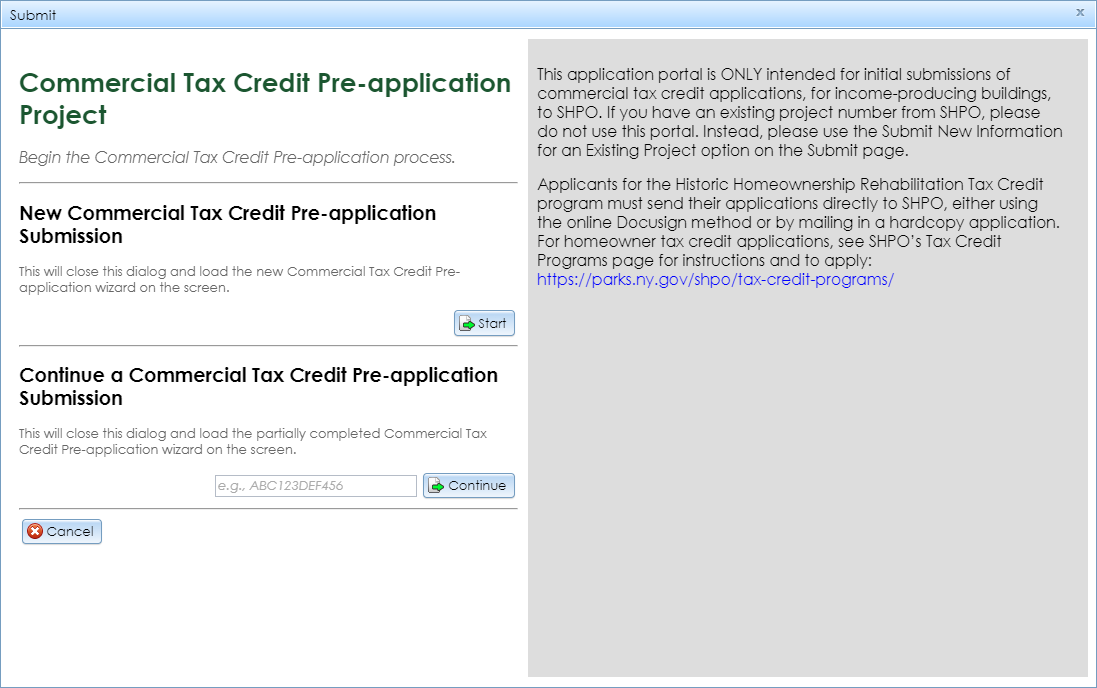 The Commercial Tax Credit Pre-application Project Submit window, showing the menu on the left and the project type description on the right.