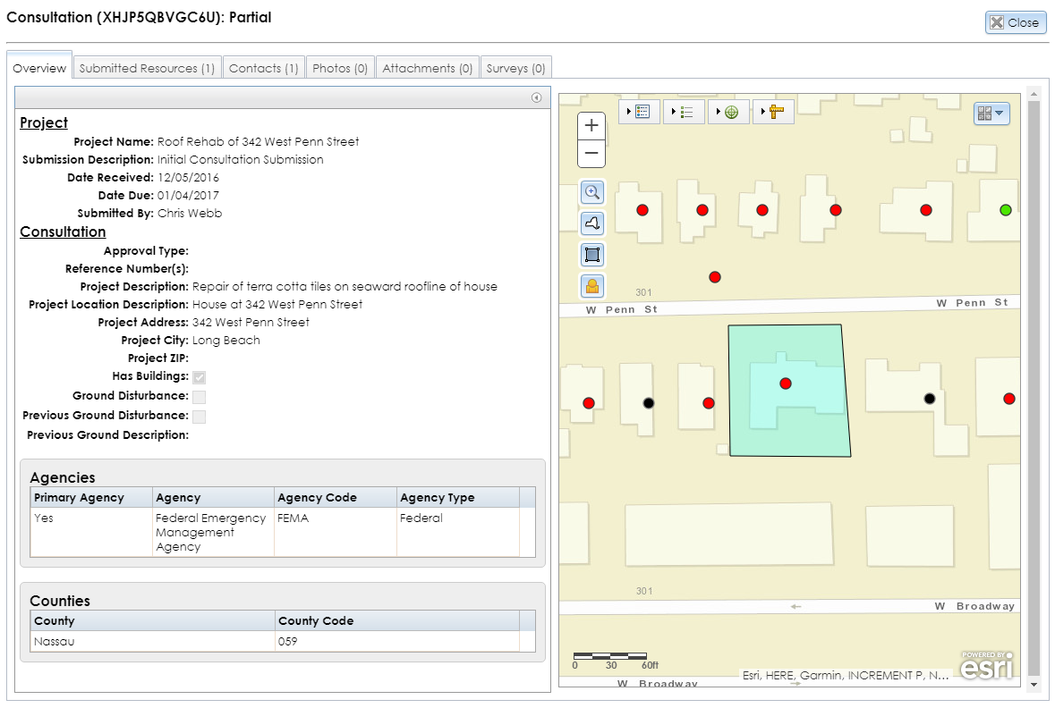 The View Initial Submission module contains tabs with information about the submission and its submitted resources, contacts, photographs, attachments, and surveys, if applicable.