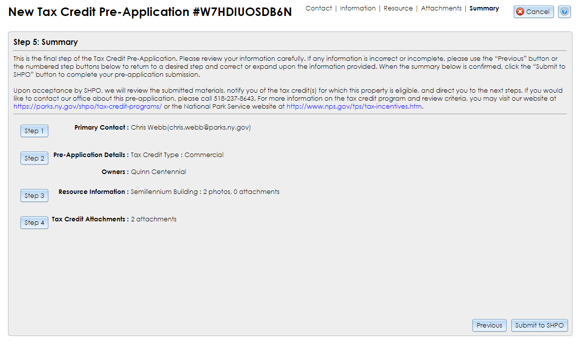 The Summary step of the Commercial Tax Credit Pre-application Wizard contains summary data from all steps of the wizard and buttons for returning to each step or submitting the data to SHPO.