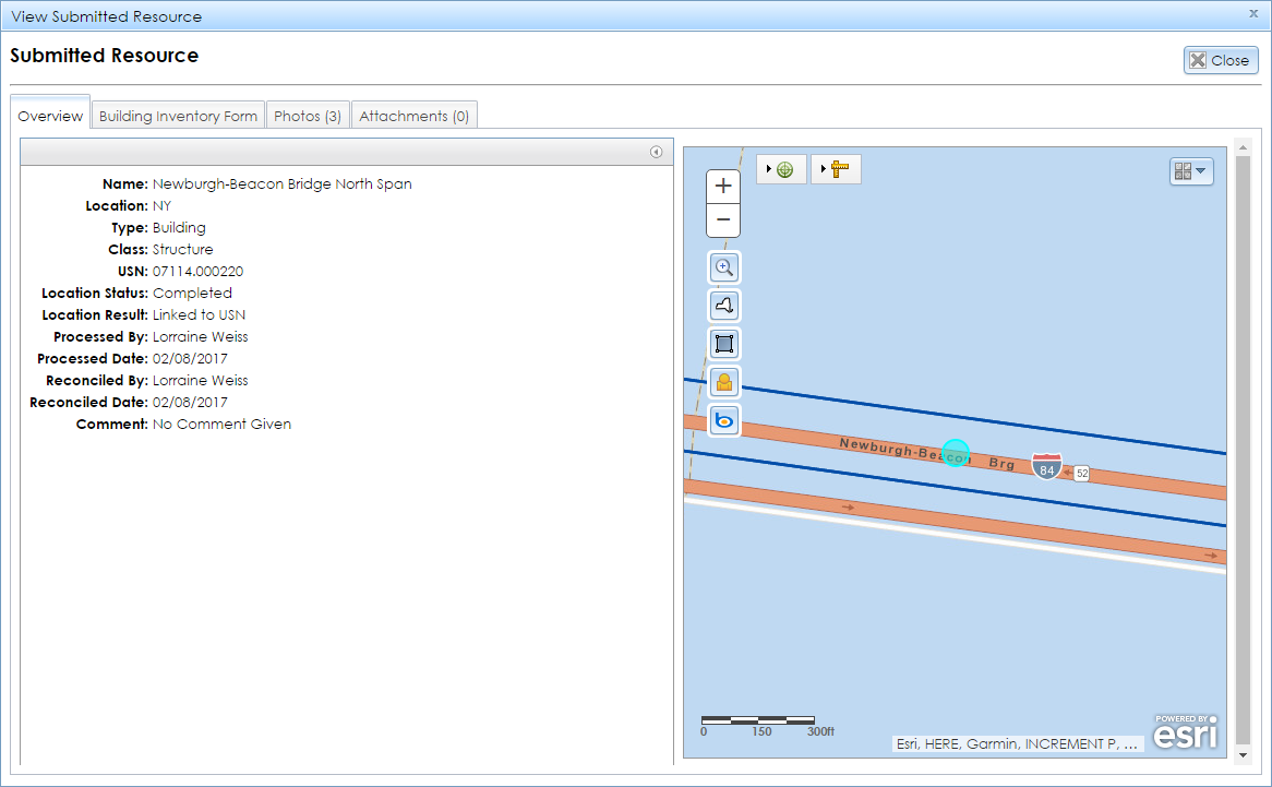 The View Submitted Resource module contains tabs with information about the resource’s attributes and an expandable map interface that shows the resource’s location.