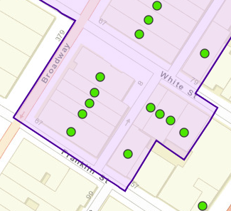 This detail from the map interface shows an address location within a National Register–eligible historic district.